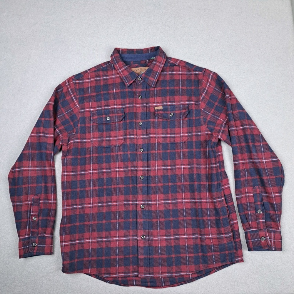 Orvis Heavyweight Flannel Plaid Shacket Men Size XL Red Navy Cotton Hand Pockets